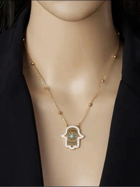 Jewelry - Gold Hamsa Hand Pendant Necklace and Earrings Set with Faux Turquoise Accent